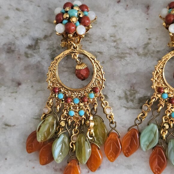 RARE JOSE MARIA BARRERA FALL LEAF STONE CRYSTAL DROP DANGLE CHANDELIER EARRINGS - Picture 2 of 11